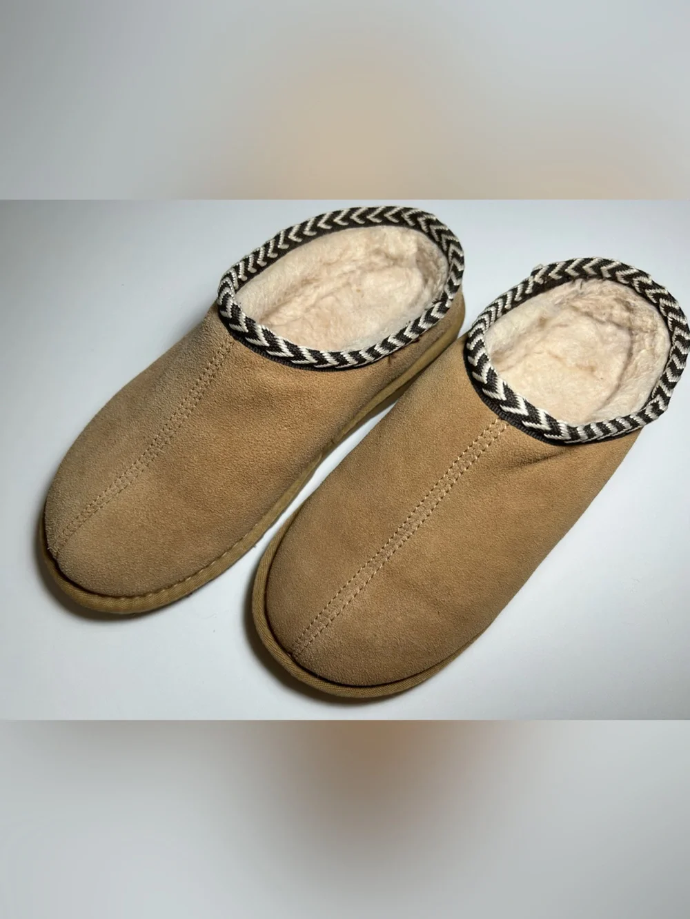 BearPaw Tan Suede Faux-Shearling Slip-On Slippers with Black & White Trim